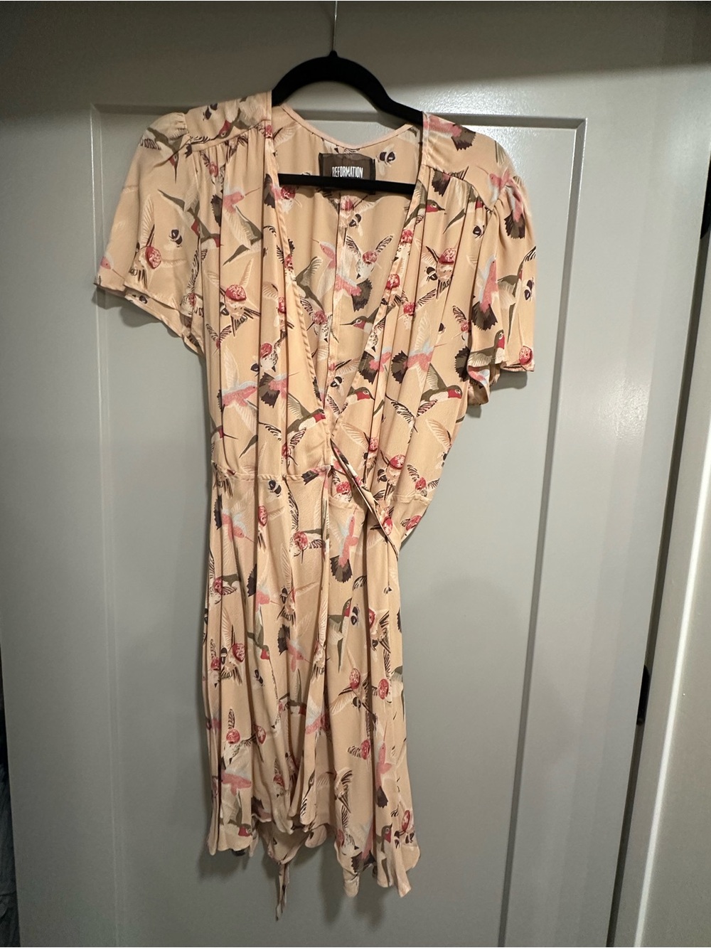 Reformation Cream Wrap Mini Dress with Pink & Brown Hummingbird Print